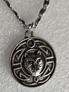 Celtic Fox Medallion Necklace in Silver Tone